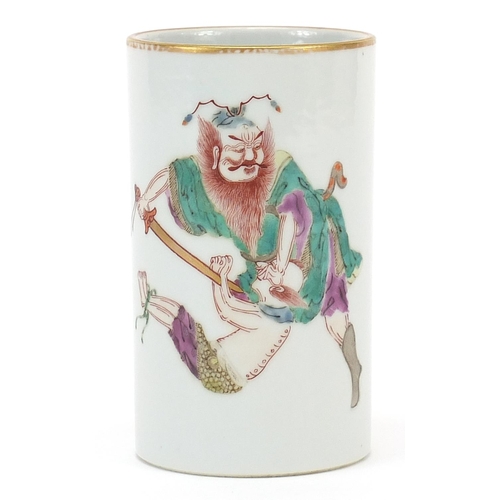 896 - Chinese porcelain cylindrical vase hand painted with a demon, six figure character marks to the base... 