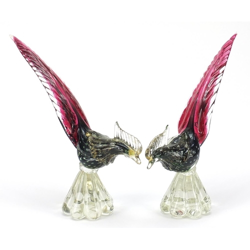 889 - Pair of Murano gold flecked colourful glass birds, each 27cm high