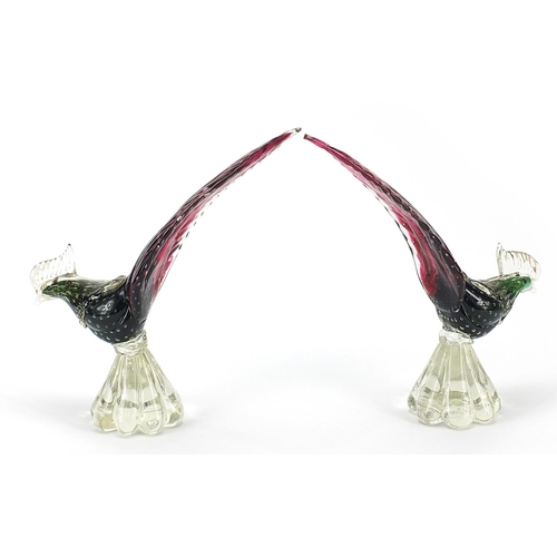 889 - Pair of Murano gold flecked colourful glass birds, each 27cm high