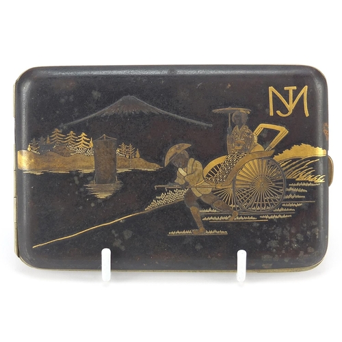 983 - Japanese damascene cigarette case decorated with a Geisha in a cart before Mount Fuji, 12cm wide