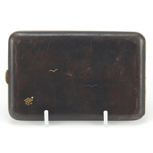 983 - Japanese damascene cigarette case decorated with a Geisha in a cart before Mount Fuji, 12cm wide