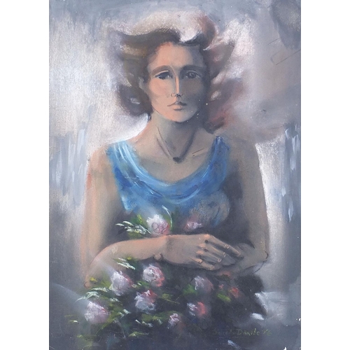 285 - Female holding flowers, chalk, indistinctly signed, unframed, 50cm x 35.5cm