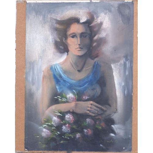 285 - Female holding flowers, chalk, indistinctly signed, unframed, 50cm x 35.5cm