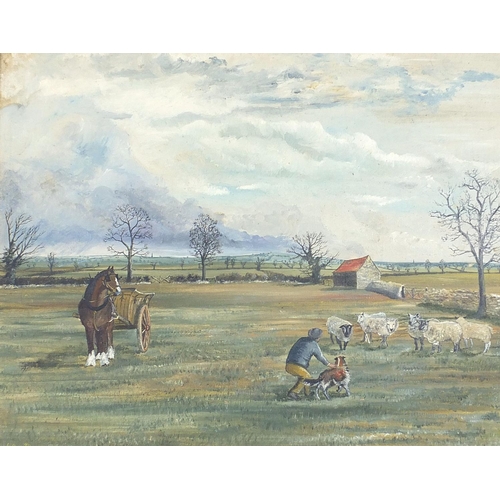 286 - Farmer with sheep and horse before a landscape, oil on board, signed John Matthews, mounted and fram... 