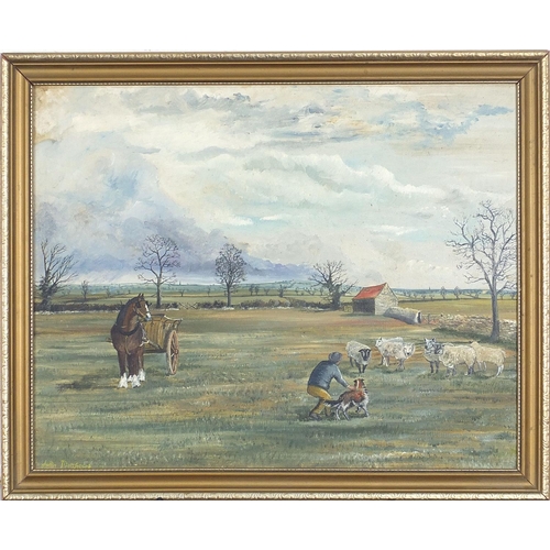 286 - Farmer with sheep and horse before a landscape, oil on board, signed John Matthews, mounted and fram... 