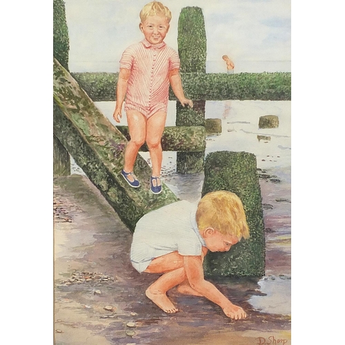 288 - Manner of Dorothea Sharp - Two boys on a beach, watercolour, mounted, framed and glazed, 43cm x 29cm... 