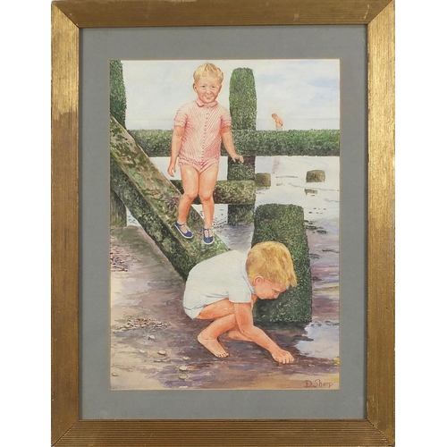 288 - Manner of Dorothea Sharp - Two boys on a beach, watercolour, mounted, framed and glazed, 43cm x 29cm... 