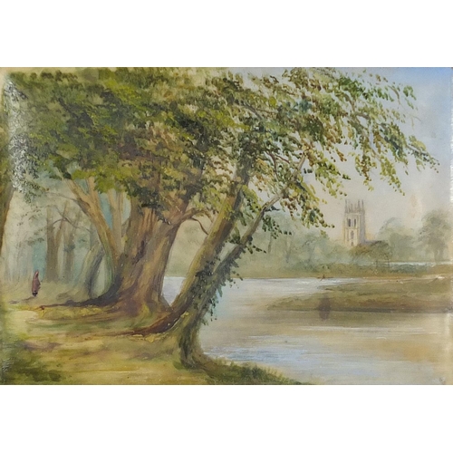 235 - Trees and river before a cathedral, mixed media, mounted, framed and glazed, 12cm x 8.5cm excluding ... 