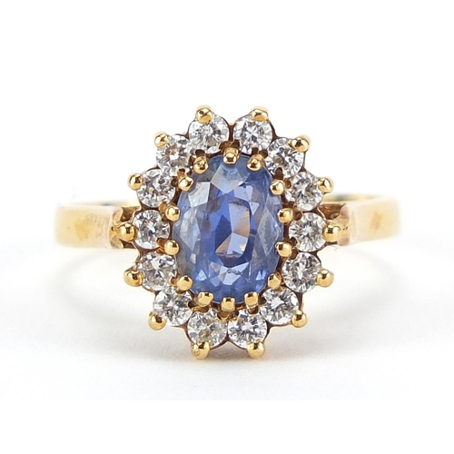 197 - 18ct gold sapphire and diamond cluster ring, size M, 4.2g