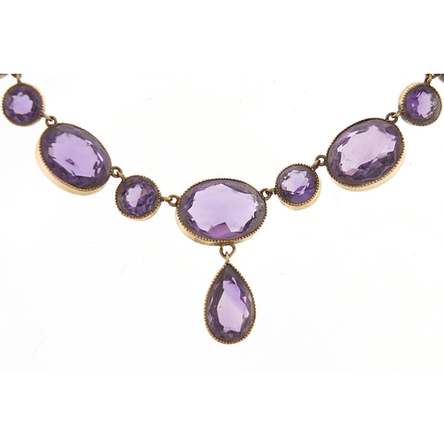 104 - 19th century unmarked gold amethyst necklace, 40cm in length, 13.5g