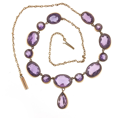 104 - 19th century unmarked gold amethyst necklace, 40cm in length, 13.5g