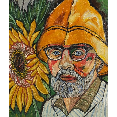 2081 - After John Bratby - Portrait with sou'wester and sunflower, oil on board, details verso, mounted, fr... 