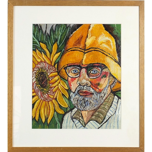 2081 - After John Bratby - Portrait with sou'wester and sunflower, oil on board, details verso, mounted, fr... 