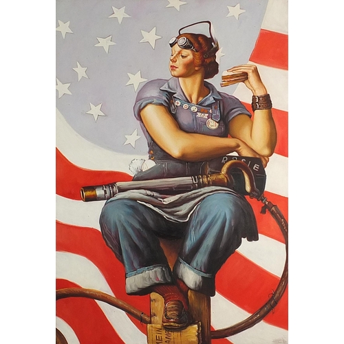 2116 - After Norman Rockwell - Rosie the Riveter, American  school oil on canvas, unframed, 91cm x 61cm