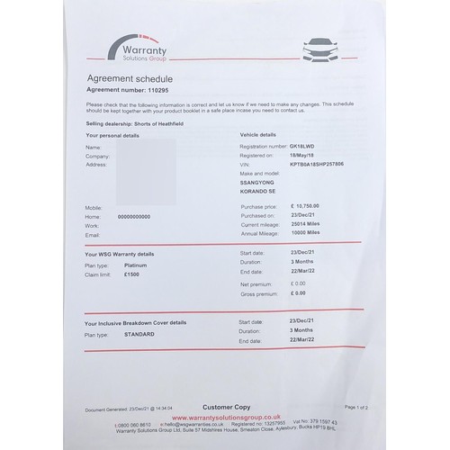 1 - 2018 Ssangyong Korando - MOT until 17-05-2022 -  2.0 litre Manual transmission. 5 door MPV estate. O... 