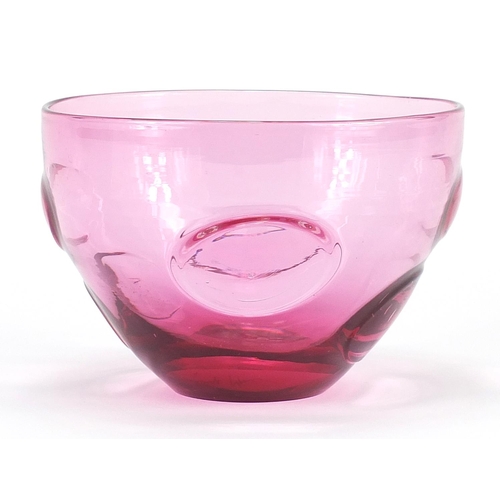 891 - Pink glass vase indistinctly etched, possibly Fint Glass to the base, 13cm in diameter