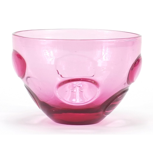 891 - Pink glass vase indistinctly etched, possibly Fint Glass to the base, 13cm in diameter