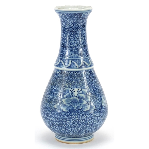 971 - Chinese blue and white porcelain vase hand painted with flowers, ring marks to the base, 19.5cm high