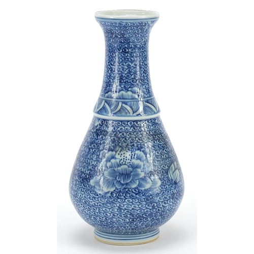 971 - Chinese blue and white porcelain vase hand painted with flowers, ring marks to the base, 19.5cm high