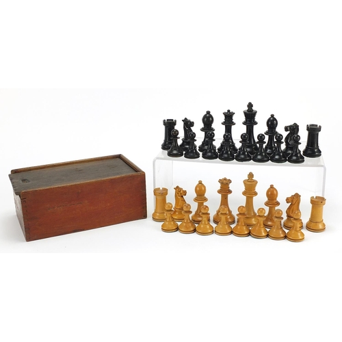 1029 - Staunton boxwood and ebony chess set with weighted bases and mahogany box, the largest pieces each 9... 