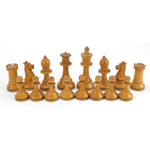 1029 - Staunton boxwood and ebony chess set with weighted bases and mahogany box, the largest pieces each 9... 