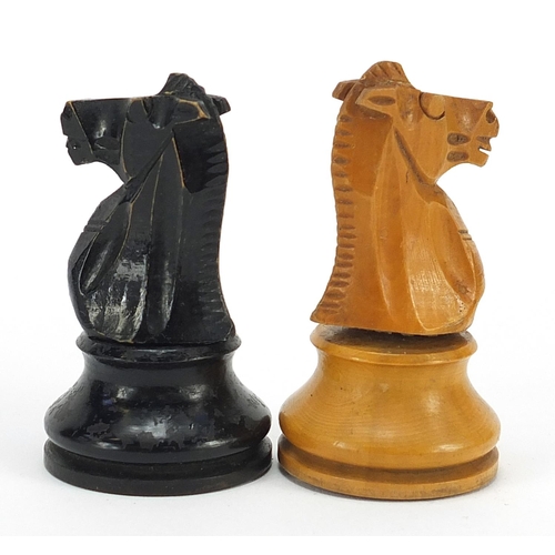 1029 - Staunton boxwood and ebony chess set with weighted bases and mahogany box, the largest pieces each 9... 