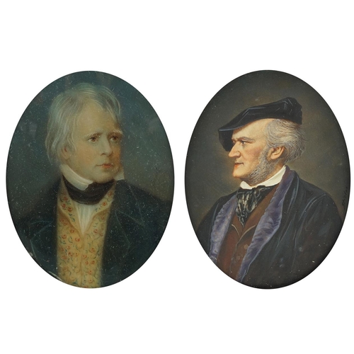 910 - Two oval hand painted portrait miniatures housed in sectional ivory frames, each miniature approxima... 