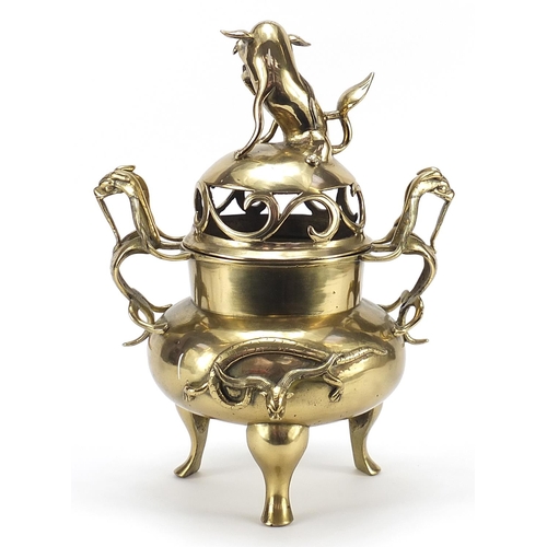 936 - Large Chinese bronze tripod incense burner with twin handles and dragon knop, four figure character ... 