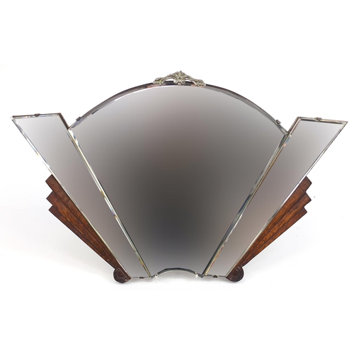 2103 - Art Deco oak fan design wall mirror with bevelled glass, 44cm x 69cm