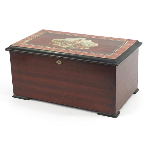 1017 - Faux rosewood and ebonised Swiss music box playing on ten airs with bells, 22cm H x 47cm W x 27.5cm ... 