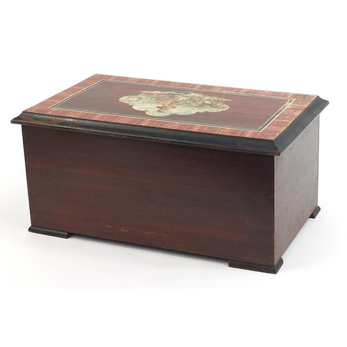 1017 - Faux rosewood and ebonised Swiss music box playing on ten airs with bells, 22cm H x 47cm W x 27.5cm ... 