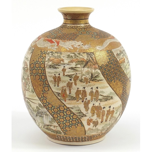 904 - Japanese Satsuma pottery vase finely hand painted with panels of landscapes and figures, character m... 