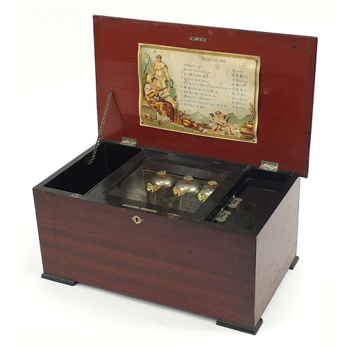 1017 - Faux rosewood and ebonised Swiss music box playing on ten airs with bells, 22cm H x 47cm W x 27.5cm ... 