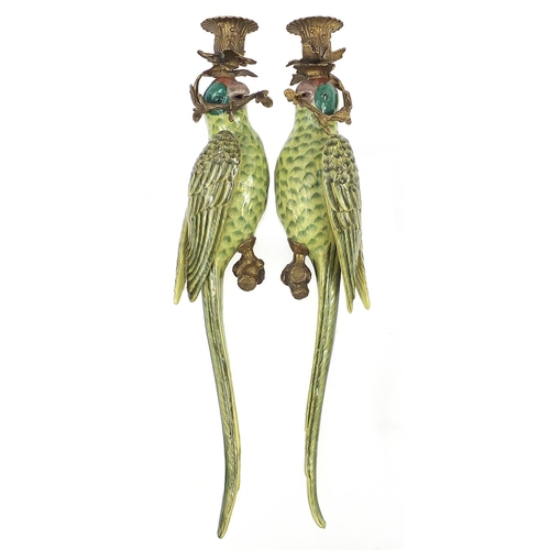 871 - Pair of continental porcelain parrot wall sconces with bronze mounts, 46cm high