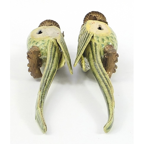 871 - Pair of continental porcelain parrot wall sconces with bronze mounts, 46cm high