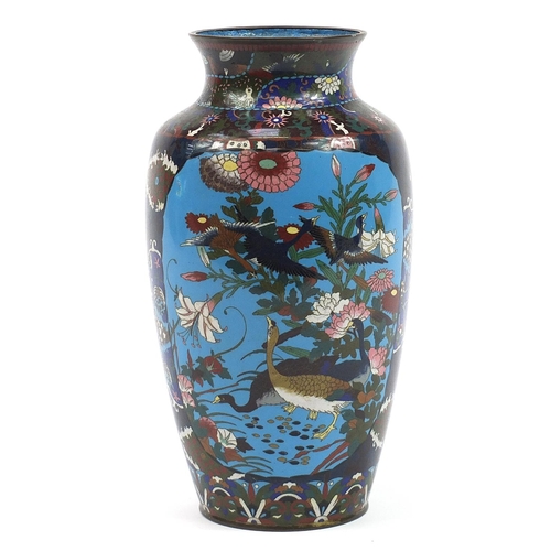 978 - Large Japanese cloisonne vase enamelled with birds of paradise amongst flowers, 34cm high