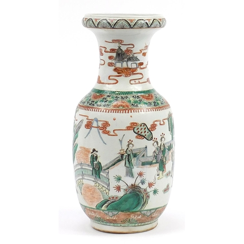 2114 - Chinese porcelain vase hand painted in the famille verte palette with figures in a palace setting, f... 