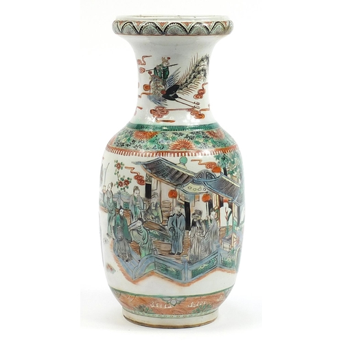 2114 - Chinese porcelain vase hand painted in the famille verte palette with figures in a palace setting, f... 