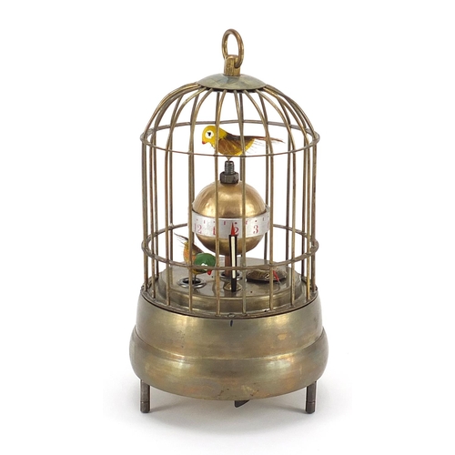 921 - Brass clockwork automaton bird cage alarm clock, 17cm high