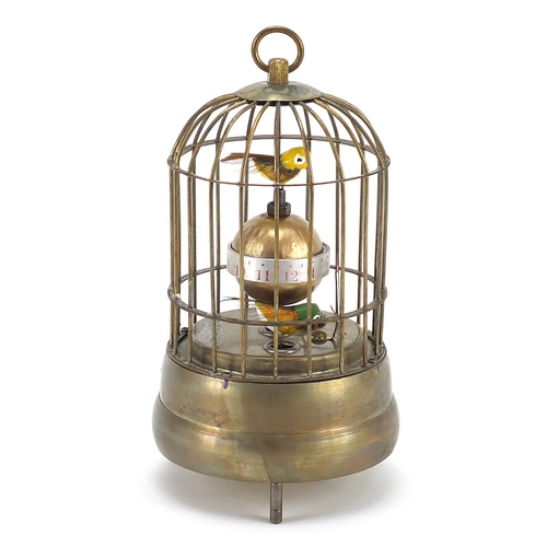 921 - Brass clockwork automaton bird cage alarm clock, 17cm high