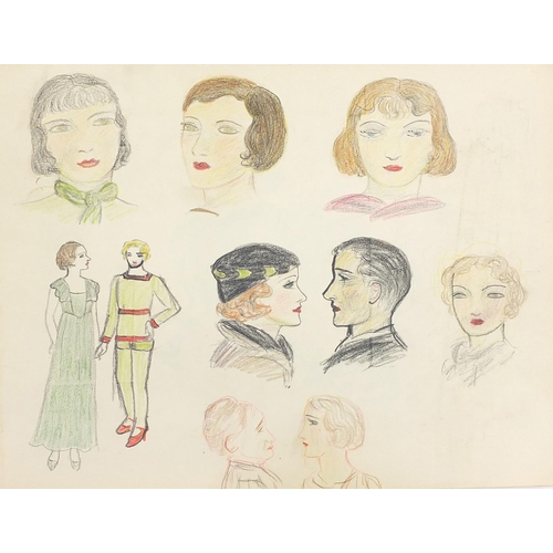 2099 - Large collection of vintage fashion sketches including Art Deco, some arranged in sketch books, the ... 