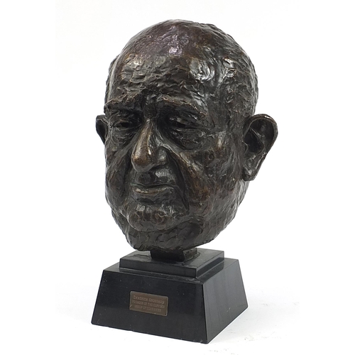 955 - Large patinated bronze head of Emmerich Grossman raised on a stepped black slate base, 46.5cm high