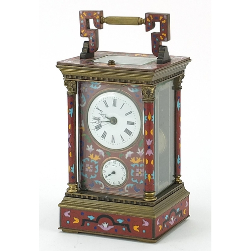 2085 - Champleve enamel brass repeating carriage clock with subsidiary dial, 16.5cm high