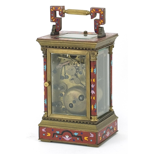 2085 - Champleve enamel brass repeating carriage clock with subsidiary dial, 16.5cm high