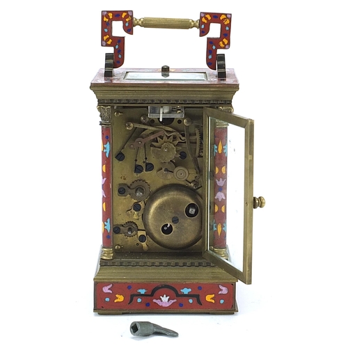 2085 - Champleve enamel brass repeating carriage clock with subsidiary dial, 16.5cm high