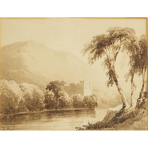 2083 - James Poole - Mountainous river landscape, 19th century sepia watercolour, mounted, framed and glaze... 