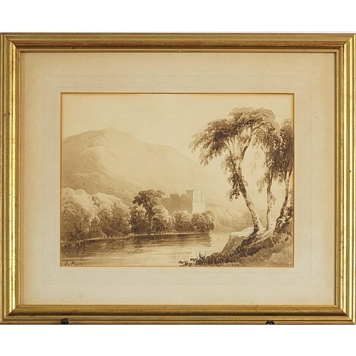 2083 - James Poole - Mountainous river landscape, 19th century sepia watercolour, mounted, framed and glaze... 