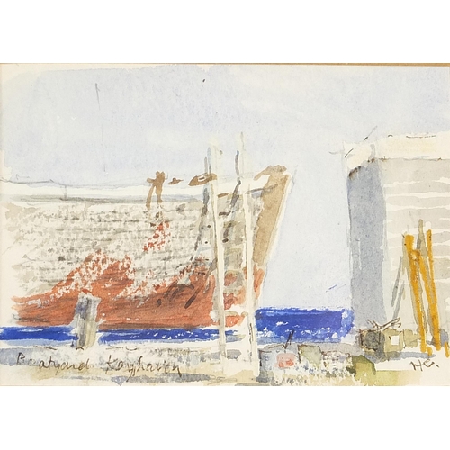 2098 - Boatyard, Keyhaven, mixed media, initialled H C, details verso, mounted, framed and glazed, 12cm x 8... 