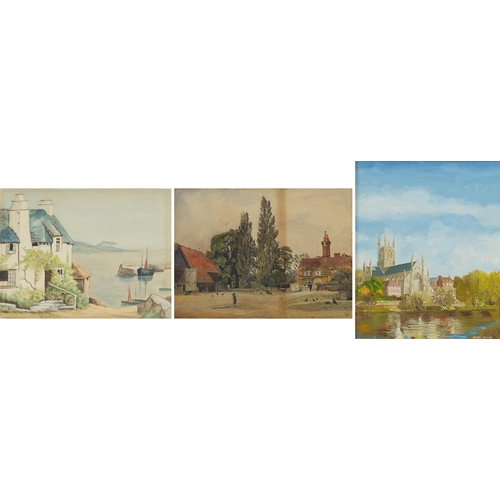 2117 - Cornish landscape, village scene and Worcester Cathedral, two watercolours and one oil on board, one... 