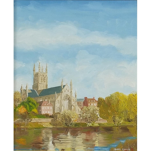 2117 - Cornish landscape, village scene and Worcester Cathedral, two watercolours and one oil on board, one... 